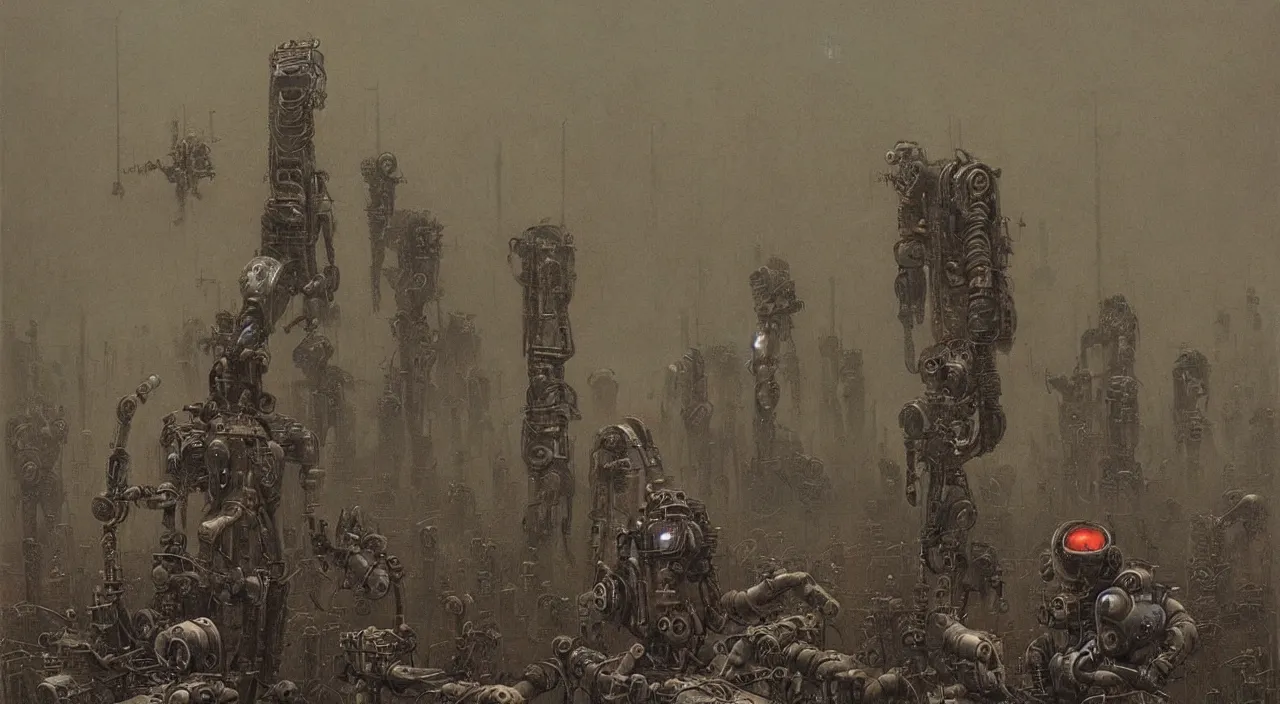 Image similar to dystopian steampunk robots harvesting humans, post apocalyptic, third reich vibes, by vladislav beksinski