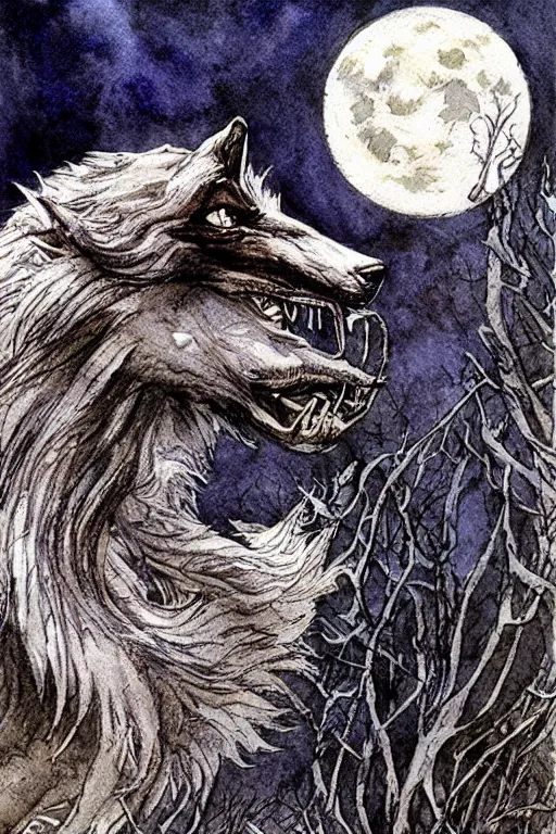 Image similar to crynos werewolf howling at the moon, art by luis royo and walter crane and kay nielsen, watercolor illustration, ultra sharp focus, wot