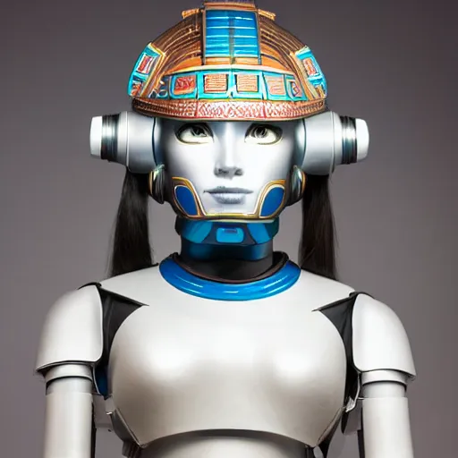 Prompt: centered fine studio photograph of a young woman wearing only a futuristic mecha Mayan helmet with bright lights, designed by Efrain Recinos, chest and face, ultra-realistic, white background, 8k HDR, shallow depth of field, intricate