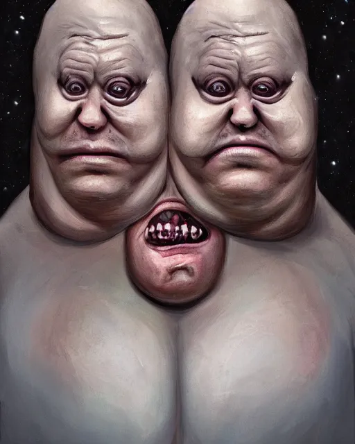 Prompt: Two-headed portrait Painting of a chubby fat EXTRATERRESTRIAL creature with big bulging eyes, white milky eyes, eyeballs, two heads, flabby skin, excess skin hanging from cheeks, straw-like beard growing from face, disgusting, creepy, unsettling, horror, upper body, intricate, wild, highly detailed, digital painting, artstation, concept art, smooth, sharp focus, illustration, art by artgerm and greg rutkowski and alphonse mucha