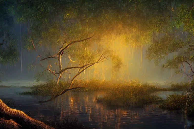 Image similar to a peaceful mangrove tree swamp at night with glowing fireflies, landscape painting, romanticism style, volumetric lighting, unreal engine, cinematic, trending on artstation