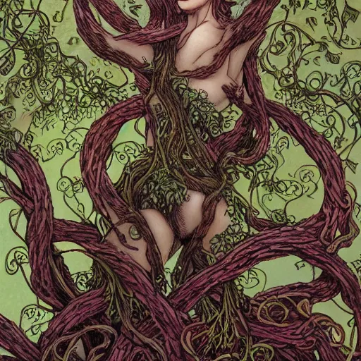 Prompt: anthropomorphic tangle of vines and plant matter. this fantasy creature guards the woods from unwary travelers. similar to a treant or forest spirit. By rebecca guay, by terese nielsen, by aaron miller, by kieran yanner. trending on artstation. 4k resolution.