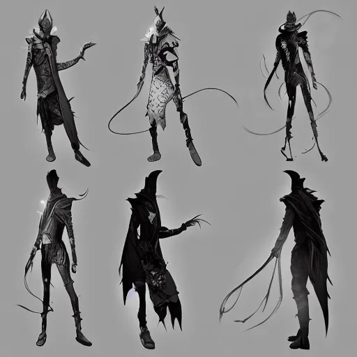 Image similar to a set of clothing design of the magician of the fantasy world, thin young male, black and white tone, 2 d game art, design by cory loftis, fenghua zhong, ryohei hase, ismail inceoglu and ruan jia. artstation, volumetric light, detailed, photorealistic, fantasy, rendered in octane