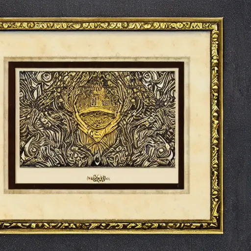 Prompt: a illustration fantasy wood frame engraving with extreme intrincate details, golden border highly detail ornaments art by fantasy style, centered, facing shot, swords, crowns, joe biden, symmetry