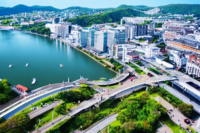 Image similar to bird's eye view photography of a small city. town hall, central farm, monorail station, beach and harbor. hills, woods and lake to the north.