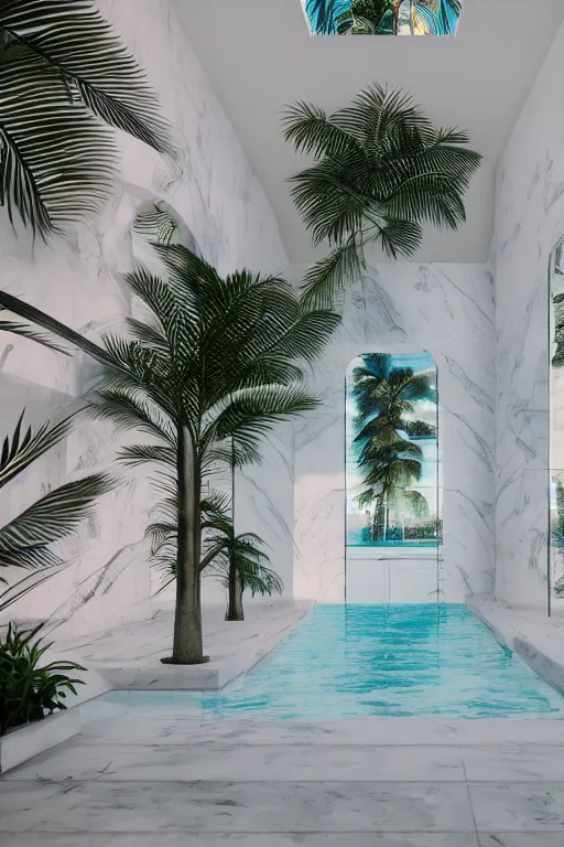 Prompt: detailed interior of a vaporwave pool, white marble walls, palm vegetation, light shafts, stunning atmosphere, cinematic lighting, smooth, sharp focus, high detail, cinematic feel