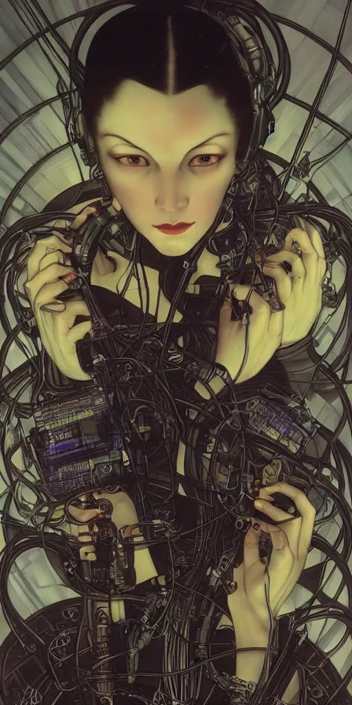 Image similar to dark cyberpunk woman amongst cables and computers by johnson tsang and alphonse mucha, portrait, fantasy, clear, soft, uhd, amazing depth, cinematic lighting