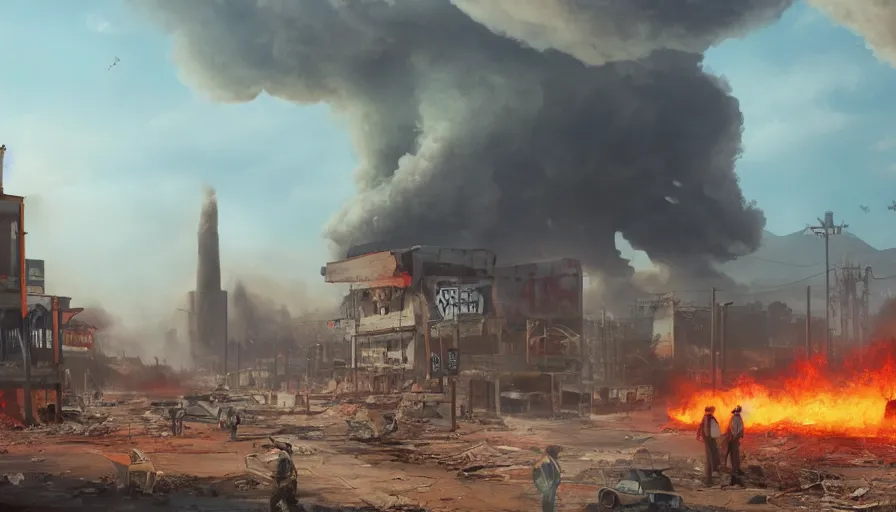 Image similar to destroyed western town after nuclear explosion, fire and smoke columns, cow - boys on scene, hyperdetailed, artstation, cgsociety, 8 k