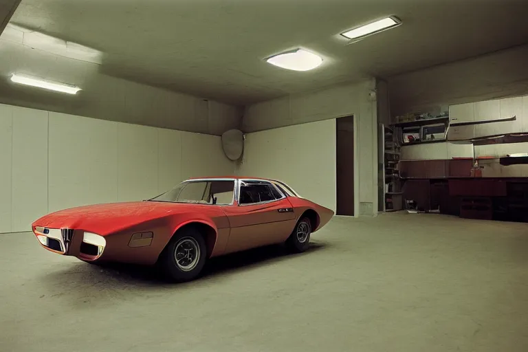 Image similar to single 1969 Alfa Romeo Montreal Thunderbird, inside of a minimalist Tokyo garage, ektachrome photograph, volumetric lighting, f8 aperture, cinematic Eastman 5384 film