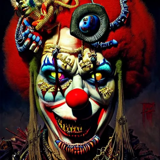 Image similar to uhd photorealisitc authentic psychotic madman wearing ornate clown costume and intricate voodoo makeup, intricate details, vivid colors, frightening surroundings, correct details, in the style of amano, karol bak, akira toriyama, and greg rutkowski