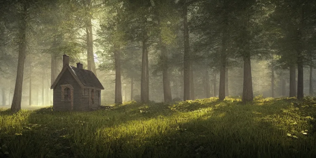 Image similar to a cottage in the woods and empty woods, fantasy, hyper realistic, dramatic lighting, 8k