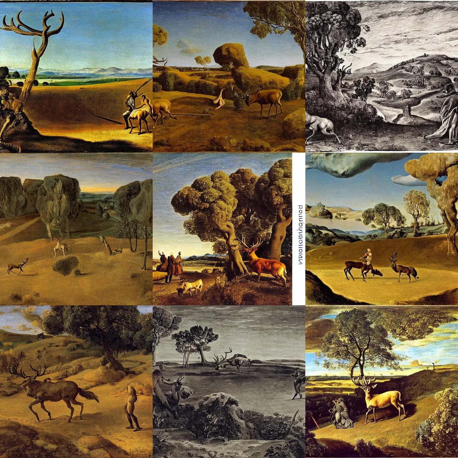 Prompt: Landscape with Ascanius Shooting the Stag of Sylvia by Salvador Dali and Jean-Francois Millet