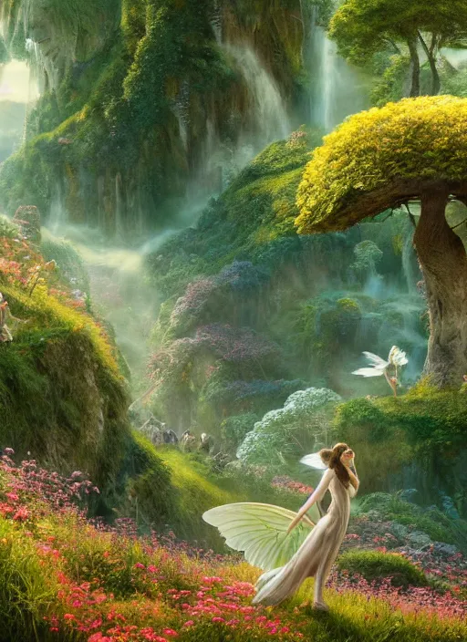 Image similar to an elegant winged fairy in the lord of the rings scenery landscape, playing in a vast lush valley flowers and mushroom structures, stream, sunrise, god's rays highly detailed, vivid color, cinematic lighting, perfect composition, 8 k, gustave dore, derek zabrocki, greg rutkowski, belsinski, octane render