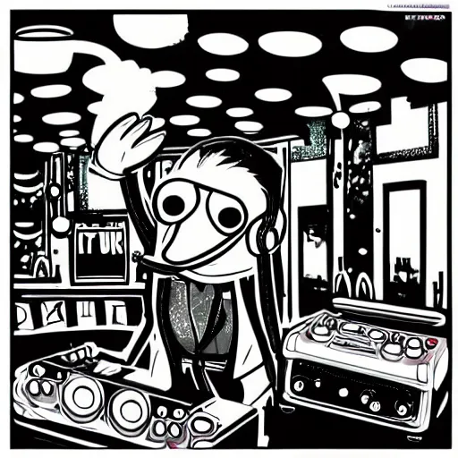 Image similar to A DJ platypus in a nightclub, underground magazine, indie culture, bright lights, crowded