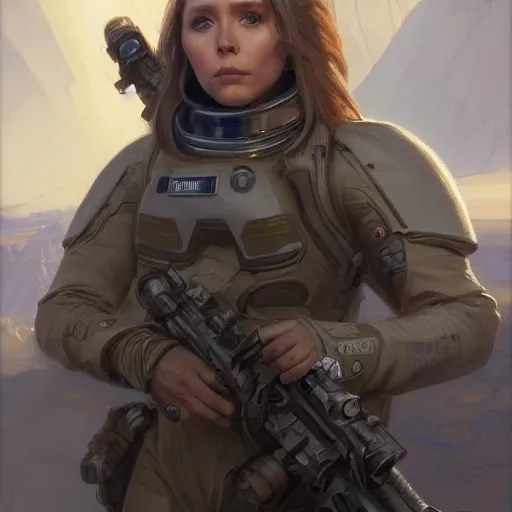 Image similar to Elizabeth Olsen as a space sci-fi soldier, closeup character art by Donato Giancola, Craig Mullins, digital art, trending on artstation