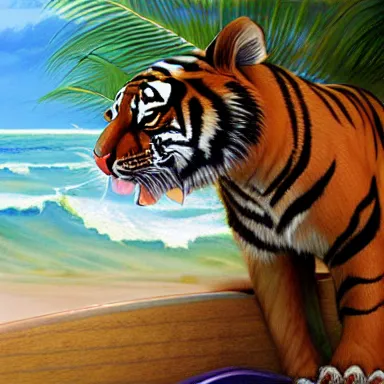 Prompt: a fantasy painting on oil of a beautiful female tiger striped tabaxi surfer druid carrying a wooden surfboard on a sandy beach in the Maldives, artstation, andrei riabovitchev, nuri iyem, james gurney, james jean, greg rutkowski, highly detailed, Rossdraws, Bluesssatan, Mandy Jurgens, Stjepan Sejic