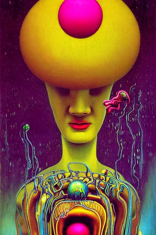 Prompt: 8 0 s art deco close up portait of mushroom head with big mouth surrounded by spheres, rain like a dream oil painting curvalinear clothing cinematic dramatic cyberpunk fluid lines otherworldly vaporwave interesting details fantasy lut epic composition by basquiat zdzisław beksinski james jean artgerm rutkowski moebius francis bacon gustav klimt