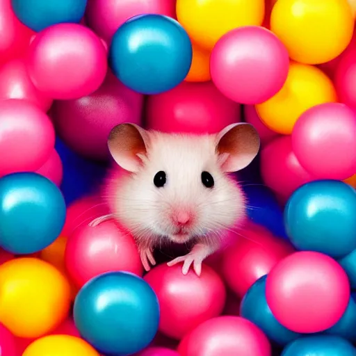 Image similar to pink hamster having fun in colorful balls, realistic photography, warm colours, marc caro and jean - pierre style, high quality image, 4 k, hyper detailed