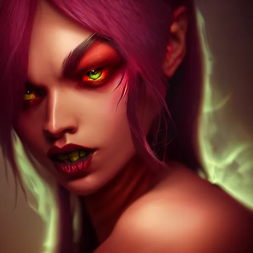 Image similar to Portrait of Kai'sa from league of legends, anger, mystery, fear, highly detailed, ominous vibe, smoke, octane render, cgsociety, artstation, trending on ArtStation, by Marie Magny