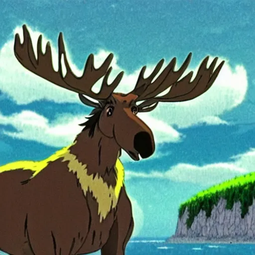 Image similar to a screenshot of the beautiful moose spirit from Studio Ghibli\'s \'Spirited Away\', immersed in nature