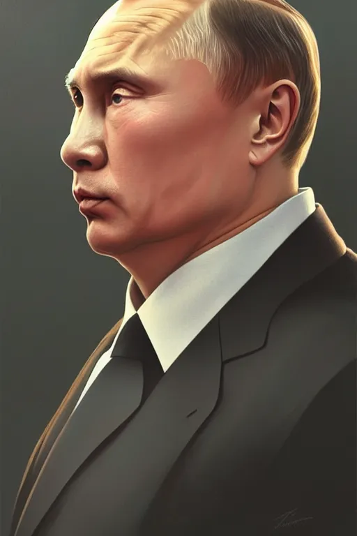 Image similar to vladimir putin with the iconic kim jong un hairstyle, realistic portrait, symmetrical, highly detailed, digital painting, artstation, concept art, smooth, sharp focus, illustration, cinematic lighting, art by artgerm and greg rutkowski and alphonse mucha