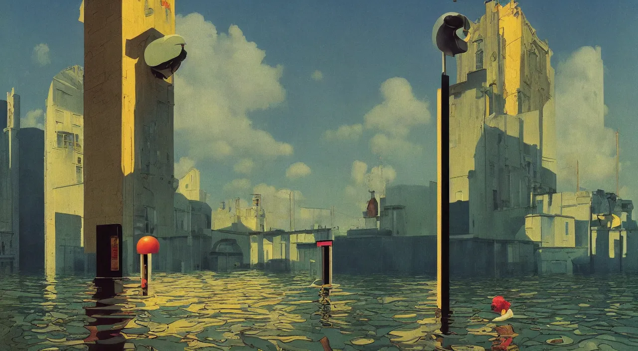 Prompt: single flooded surreal pillar, very coherent and colorful high contrast!! masterpiece by rene magritte simon stalenhag carl spitzweg syd mead norman rockwell edward hopper james gilleard, minimalist, dark shadows, sunny day, hard lighting