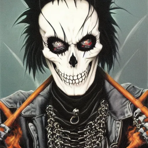 Prompt: a portrait of the grim reaper as a punk rocker playing an electric guitar, punk, skeleton face, mohawk, dark, fantasy, leather jackets, spiked collars, spiked wristbands, piercings, boots, ultrafine detailed painting by frank frazetta and vito acconci and michael whelan and takeshi obata, death note style, oil on canvas, symetric body