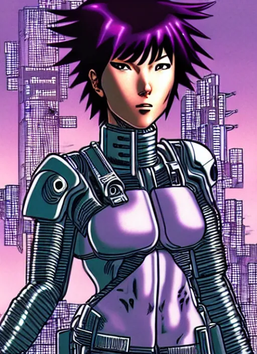 Image similar to motoko kusanagi riding a tank in a grungy cyberpunk megacity, intricate and finely detailed, cyberpunk vaporwave, portrait by j scott campbell, phil jimenez, ilya kuvshinov