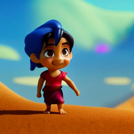 Image similar to aladdin's genius of the lamp as nendoroid walking in a desert in the croods movie style, anime, disney, pixar, 8 k, hd, dof, kodak film, volumetric lighting, subsurface scattering, photorealistic, octane render, details