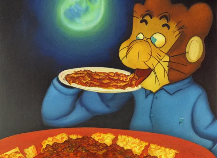 Prompt: surrealist impressionist painting of garfield eating lasagna at dusk, in the style of michael whelan and wayne barlowe