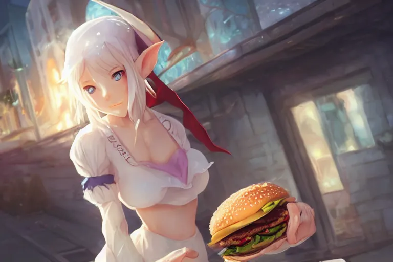 Image similar to adorable elf girl eating a burger, single subject, scenic full shot, ambient lighting, white hair, detailed face, by makoto shinkai, stanley artgerm lau, wlop, rossdraws