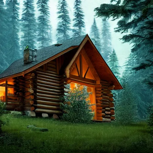 Image similar to log cabin in the woods, diffused lighting, highly detailed cinematic, epic composition, highly detailed, atmospheric, wide angle, artstation trending, warm green colors