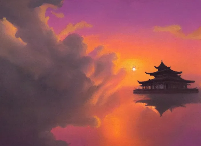 Prompt: an oil painting of a chinese temple floating among the clouds during a pink sunset