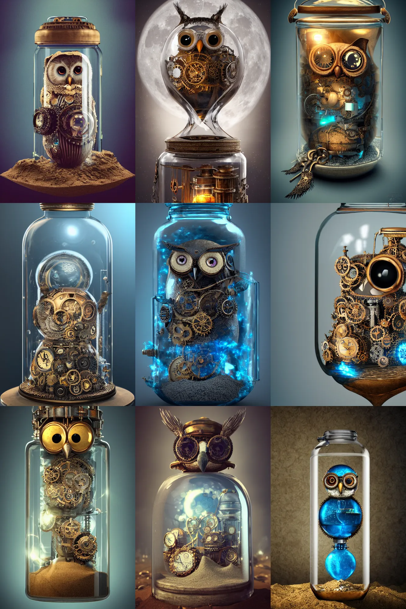 Prompt: steampunk owl inside a glass jar buried in sand, hourglass, intricate detail, volumetric lighting, epic composition, hyper detailed, ultra realistic, sharp focus, octane render, volumetric, blue moon, ray tracing, artstation trending, cgsociety, sense of awe, swirling mist, 4 k