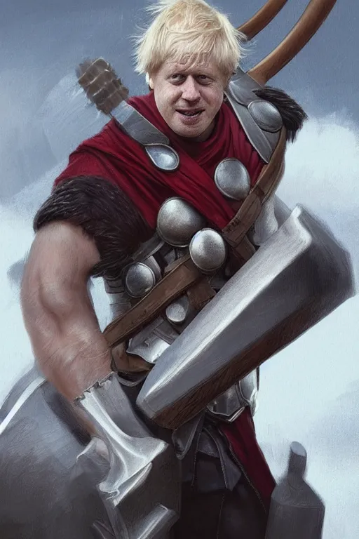 Image similar to Boris Johnson as Thor barehand, Boris Johnson hairstyle, full body realistic portrait, highly detailed, muscular body, digital painting, artstation, concept art, smooth, sharp focus, illustration, cinematic lighting, art by artgerm and greg rutkowski and alphonse mucha