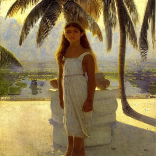 Image similar to a ultradetailed beautiful painting of a girl in the amazonas palace designed by jules bastien - lepage, hans belmer, frank weston and gustave baumann, beach, trending on artstation, mediterranean, palm trees, refracted color sparkles, sharp focus, soft light, 8 k 4 k