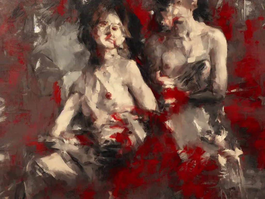 Image similar to spontaneous unfinished romantic portrait under painting, beautiful juicy brush strokes, by richard schmid and sargent, dark, black and red, trending on cgsociety