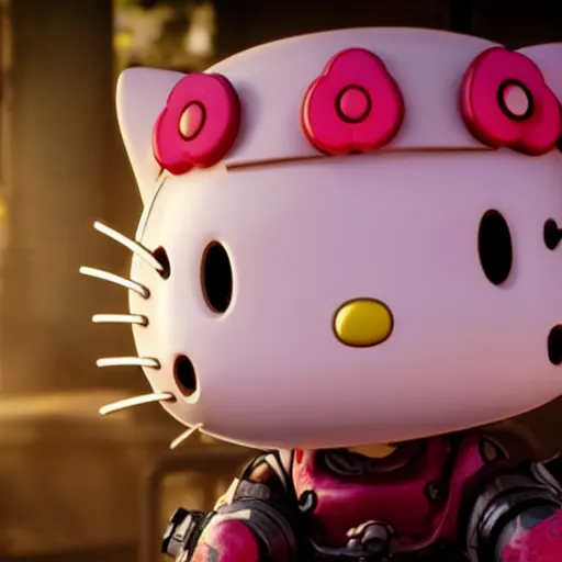 Image similar to Hello Kitty in Gears of War, splash art, movie still, detailed face, cinematic lighting, color, dramatic, octane render, long lens, shallow depth of field, bokeh, anamorphic lens flare, 8k, hyper detailed, 35mm film grain