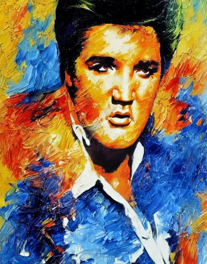Image similar to Elvis Presley painted in the style of the old masters, painterly, thick heavy impasto, expressive impressionist style, painted with a palette knife