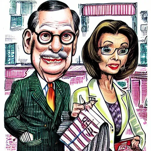 Image similar to The Artwork of R. Crumb and his Cheap Suit Mitch McConnell and Nancy Pelosi go shopping, pencil and colored marker artwork, trailer-trash lifestyle