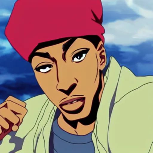 Image similar to Tupac Shakur, screenshot from a 2012s anime