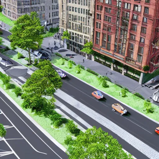 Prompt: render of a low - rise urban district concept design in manhattan with bicycle lanes, high quality, 4 k