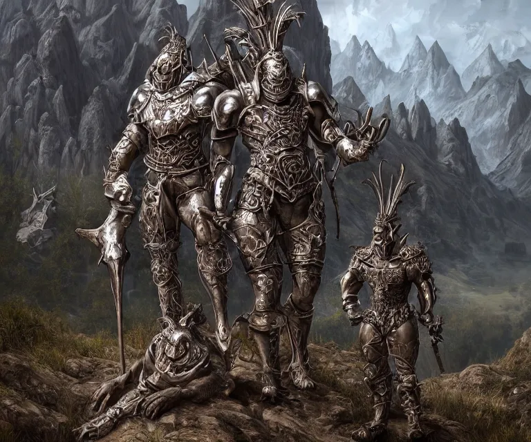 Image similar to trailcam footage grotesque horrific stylistic vray 3 d render of silver ornate armor slim bodybuilder handsome warriors, mountains and giant gothic abbeys, hyperrealism, fine detail, 8 k, artsation contest winner, cgsociety, fantasy art, cryengine, brush strokes, oil canvas by mandy jurgens and michael whelan