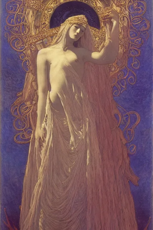 Image similar to goddess of the moonlit dead with her regalia, by Annie Swynnerton and Nicholas Roerich and jean delville, dramatic cinematic lighting , ornate headdress , flowing robes, lost civilizations, extremely detailed