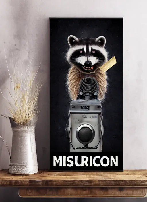 Prompt: A racoon screaming wearing a tuxedo, screaming into an oldschool microphone. Poster