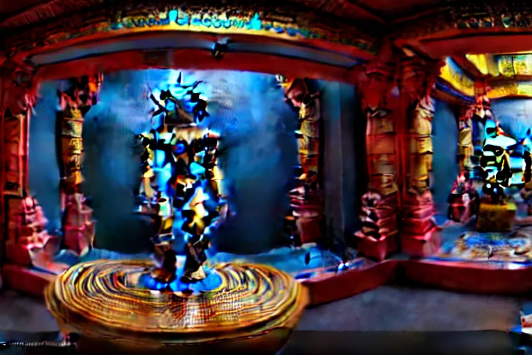Prompt: Vivec Robot, in a temple, elaborate, intricate, beautiful, magical, hyperrealistic, DAZ, unreal 5, fisheye, dynamic lighting, art by Greg Rutokowski