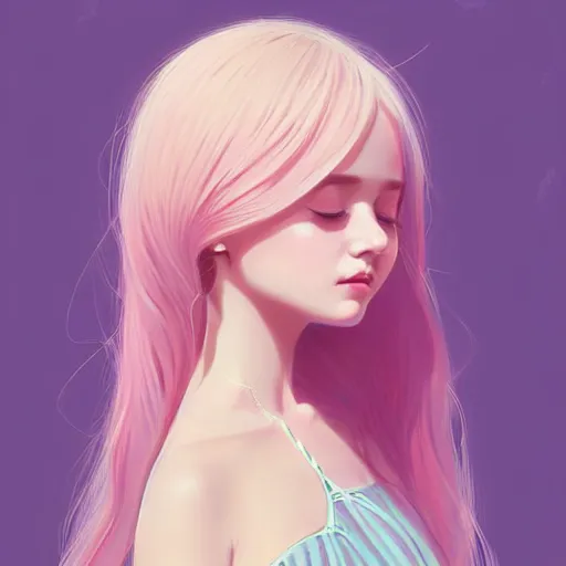 Image similar to young female in summer dress art, pastel light pink long hair, muted colors, matte print, pastel colors, ornate, digital art, digital painting, fan art, elegant, artstation, head is centered, by Ilya Kuvshinov