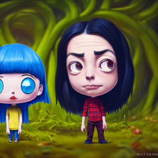 Prompt: an epic chibi comic book style portrait painting of ( aubrey plaza ) and ( billie eilish ) and ( billy idol ), character design by mark ryden and pixar and hayao miyazaki, unreal 5, daz, hyperrealistic, octane render, cosplay, dynamic lighting, intricate detail, harvest fall vibrancy, cinematic