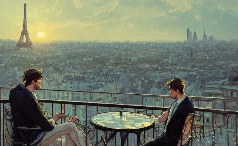 Prompt: elegant man drinking coffee at balcony in france, city with eiffel tower seen behind, late night sunset, city living, detailed characters, by greg rutkowski, alphonse mucha, beeple, sharp focus, digital art, smooth, light refraction, pixiv art, volumetric lighting, makoto shinkai