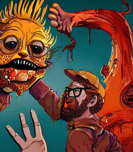 Prompt: Tim Burtons style Always Sunny in Philadelphia by Alex Pardee and Nekro and Petros Afshar, and James McDermott,unstirred paint, vivid color, cgsociety 4K